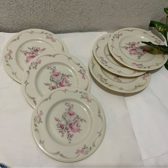 Set 6 Castleton BELROSE 6 1/8” plates Pink Gray Ivory Roses Floral USA G15 - Picture 2 of 10